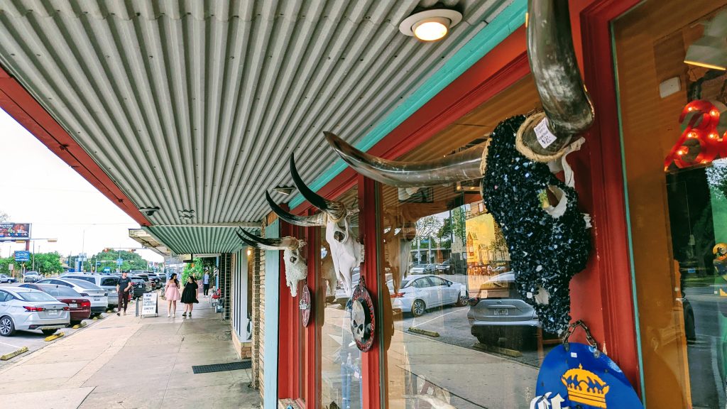 Decorated cow skulls on display outside the Mi Casa Gallery in South Congress.