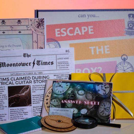 Escape the Box poster, and some paper clues.